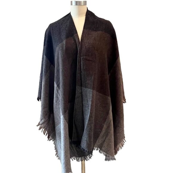 Eileen Fisher Viaggio Wool Blend Serape Shawl One Size Brown Gray Lagenlook Chic - Picture 1 of 7